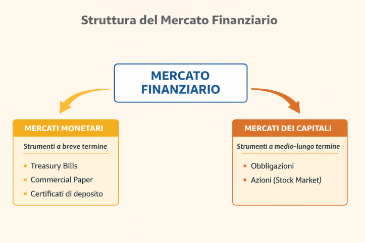 Schema della struttura del mercato finanziario con distinzione tra mercati monetari e mercati dei capitali