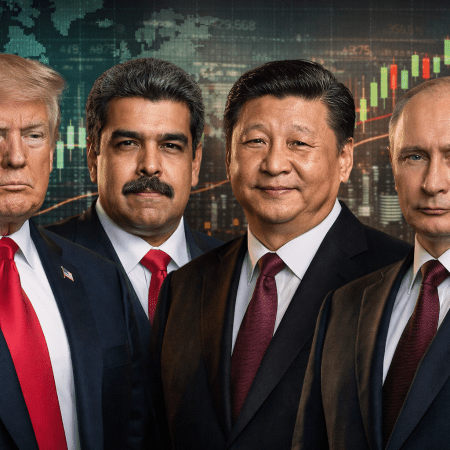 Donald Trump, Nicolás Maduro, Xi Jinping e Vladimir Putin davanti a grafici dei mercati finanziari globali, simbolo delle tensioni geopolitiche che influenzano economia, petrolio e valute.