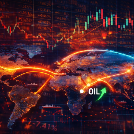 Mappa delle rotte globali del petrolio con flussi energetici dal Medio Oriente verso Europa e Asia e grafici dei mercati finanziari sullo sfondo.