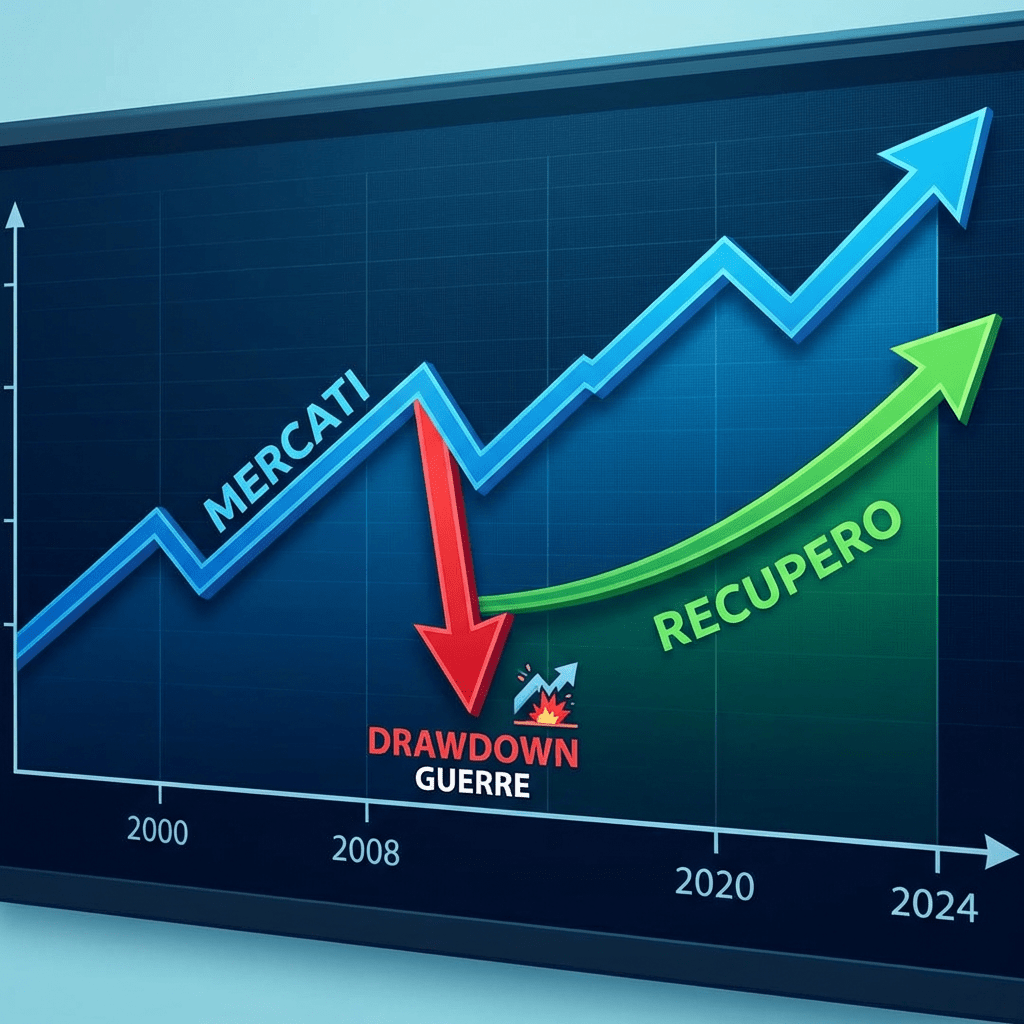 Line graph showing market growth, a drawdown due to war, and subsequent recovery from 2000 to 2024