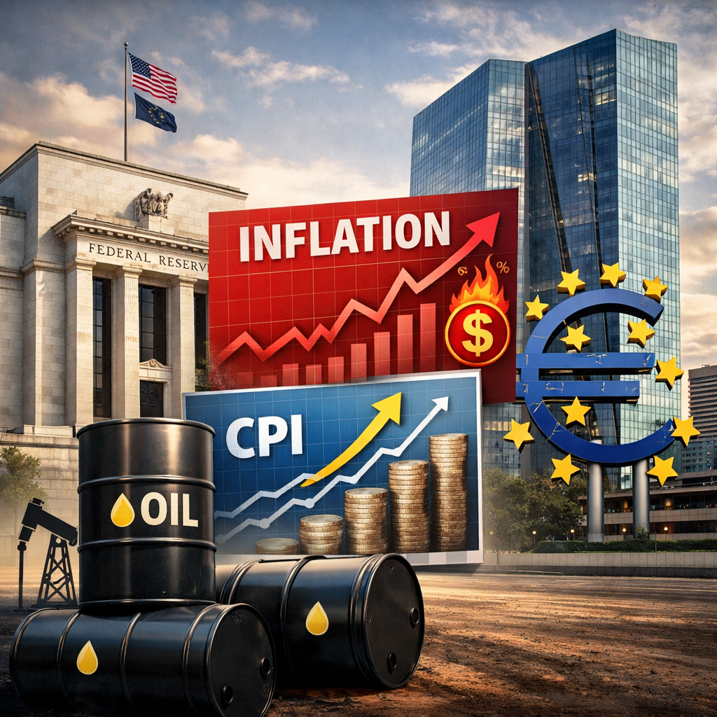 Graphs showing rising inflation and CPI with oil barrels and economic buildings