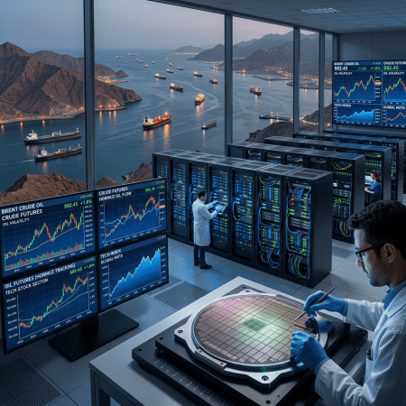 Technicians examining semiconductor wafers with oil market charts and shipping traffic visible through large windows