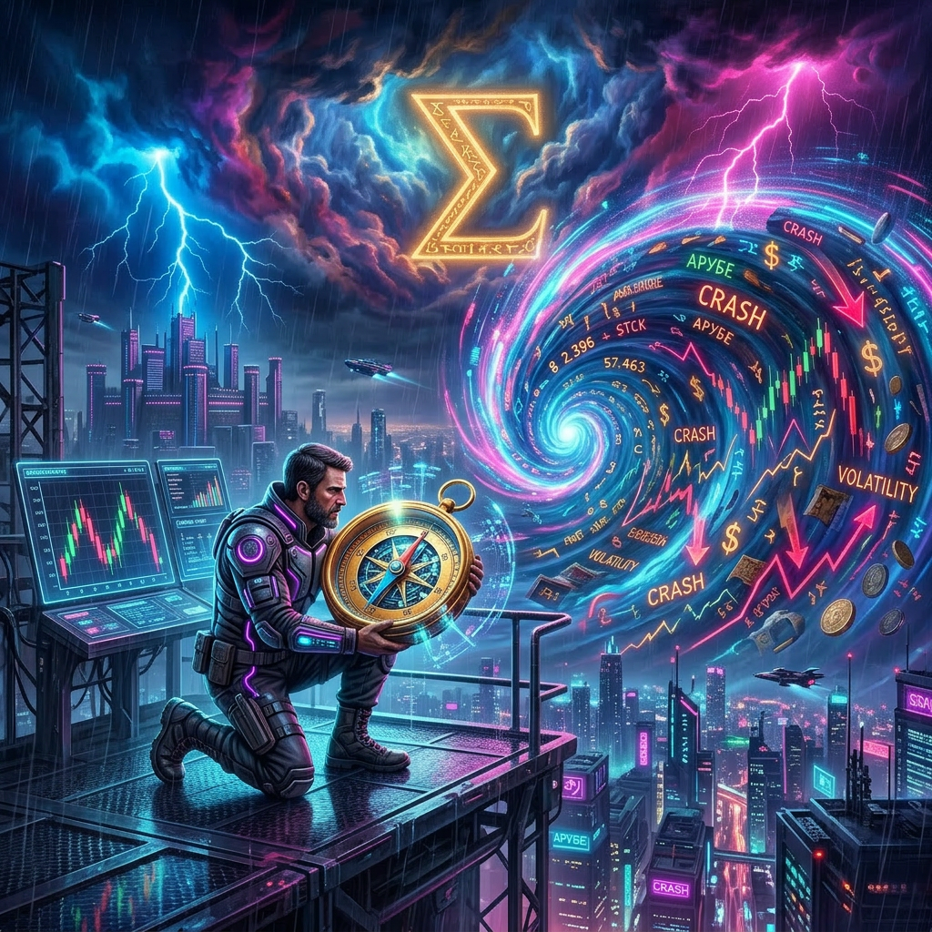 Man in futuristic suit holding a compass facing a swirling digital vortex of financial symbols and charts above a city at night